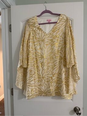 Lilly Pulitzer White Mini Dress with Gold Metallic Floral Print